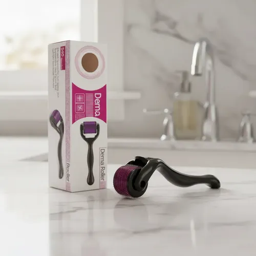 Caja y rodillo del Derma Roller System sobre una mesa de mármol